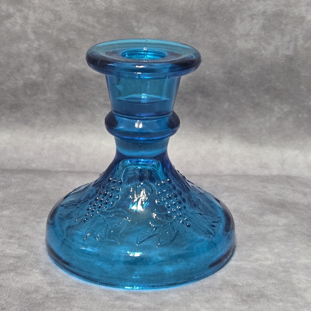 L. E. Smith Teal Blue Glass Candlestick Holder Grape & Leaves Pattern